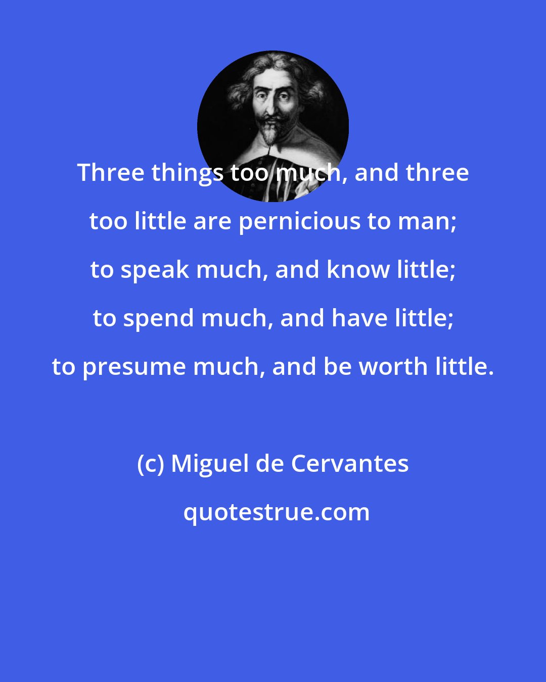 Miguel de Cervantes: Three things too much, and three too little are pernicious to man; to speak much, and know little; to spend much, and have little; to presume much, and be worth little.