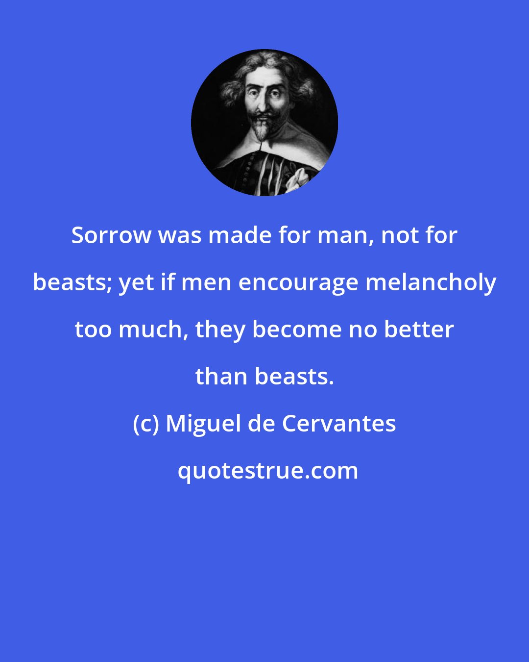 Miguel de Cervantes: Sorrow was made for man, not for beasts; yet if men encourage melancholy too much, they become no better than beasts.