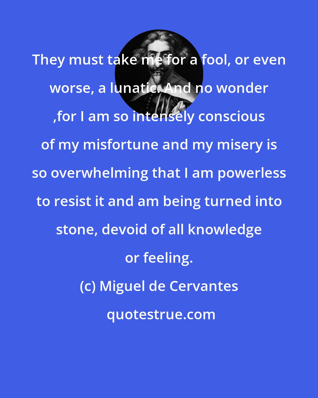 Miguel de Cervantes: They must take me for a fool, or even worse, a lunatic. And no wonder ,for I am so intensely conscious of my misfortune and my misery is so overwhelming that I am powerless to resist it and am being turned into stone, devoid of all knowledge or feeling.