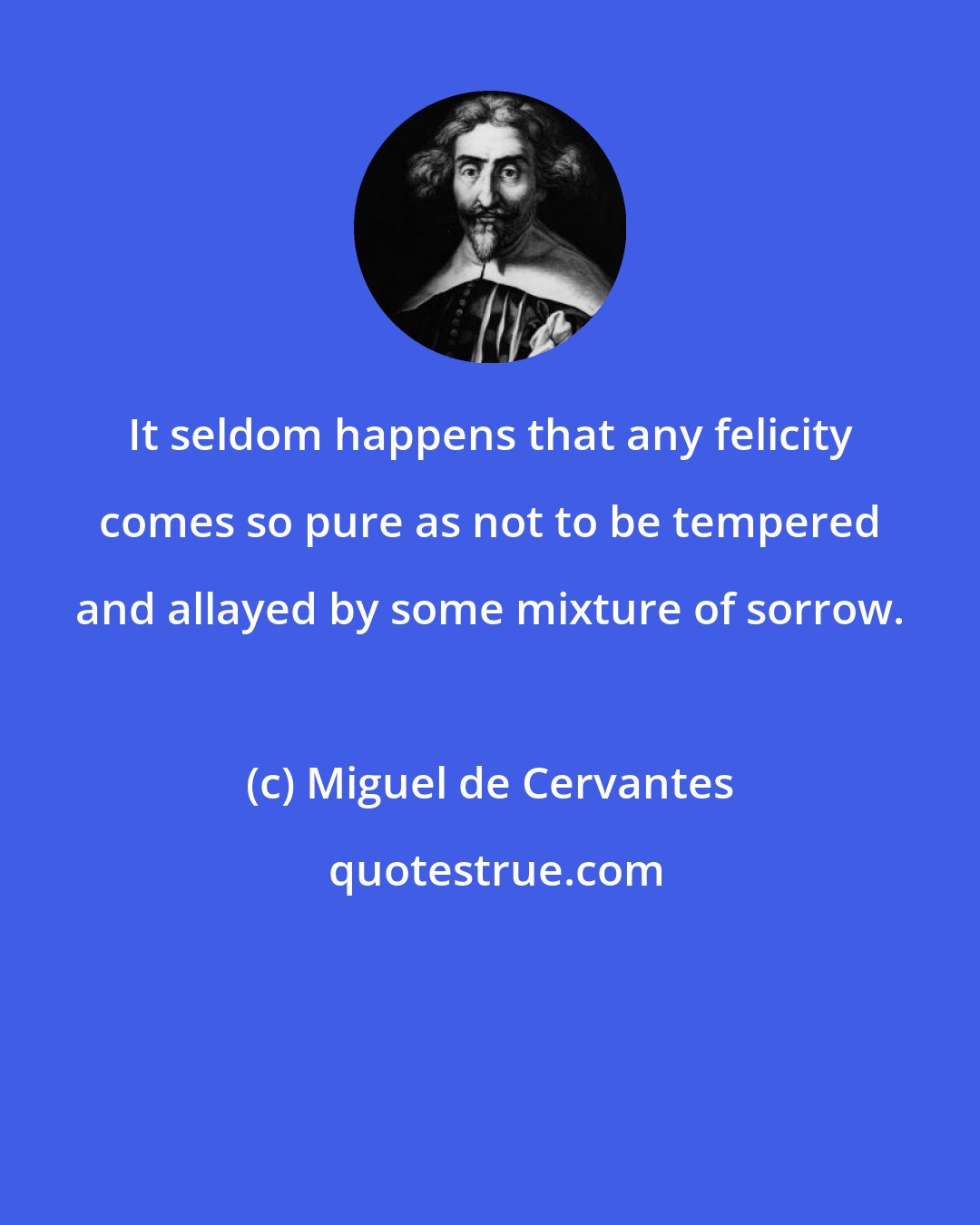 Miguel de Cervantes: It seldom happens that any felicity comes so pure as not to be tempered and allayed by some mixture of sorrow.