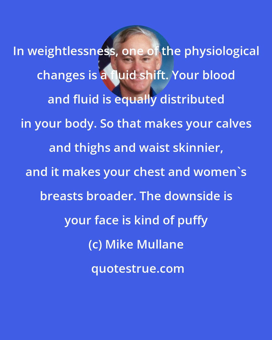 Mike Mullane: In weightlessness, one of the physiological changes is a fluid shift. Your blood and fluid is equally distributed in your body. So that makes your calves and thighs and waist skinnier, and it makes your chest and women's breasts broader. The downside is your face is kind of puffy