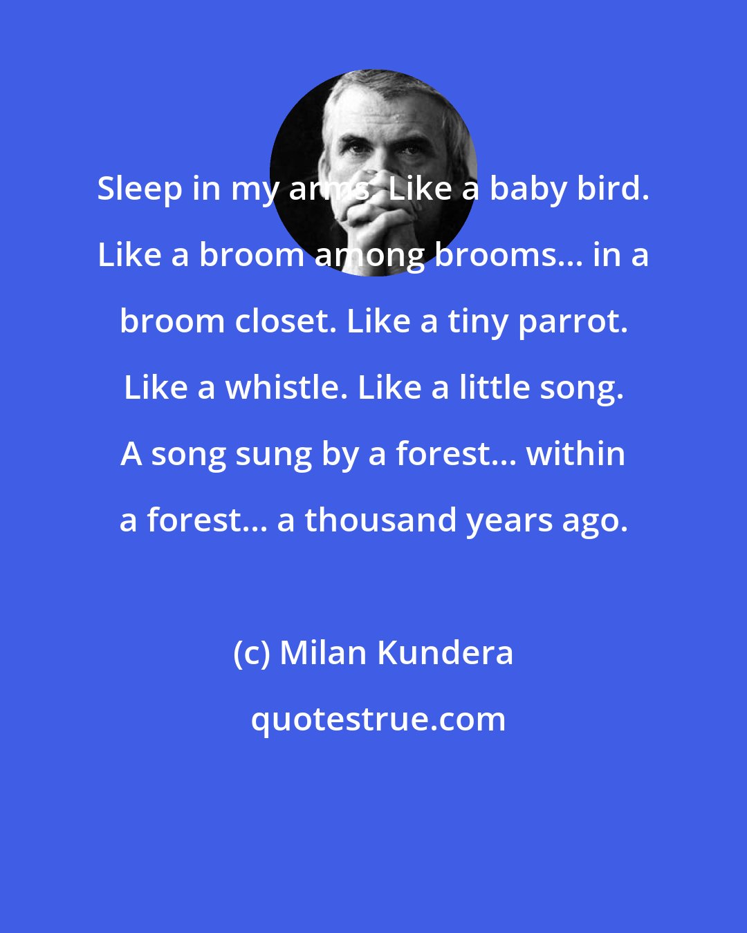 Milan Kundera: Sleep in my arms. Like a baby bird. Like a broom among brooms... in a broom closet. Like a tiny parrot. Like a whistle. Like a little song. A song sung by a forest... within a forest... a thousand years ago.