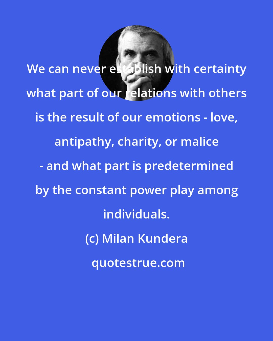 Milan Kundera: We can never establish with certainty what part of our relations with others is the result of our emotions - love, antipathy, charity, or malice - and what part is predetermined by the constant power play among individuals.