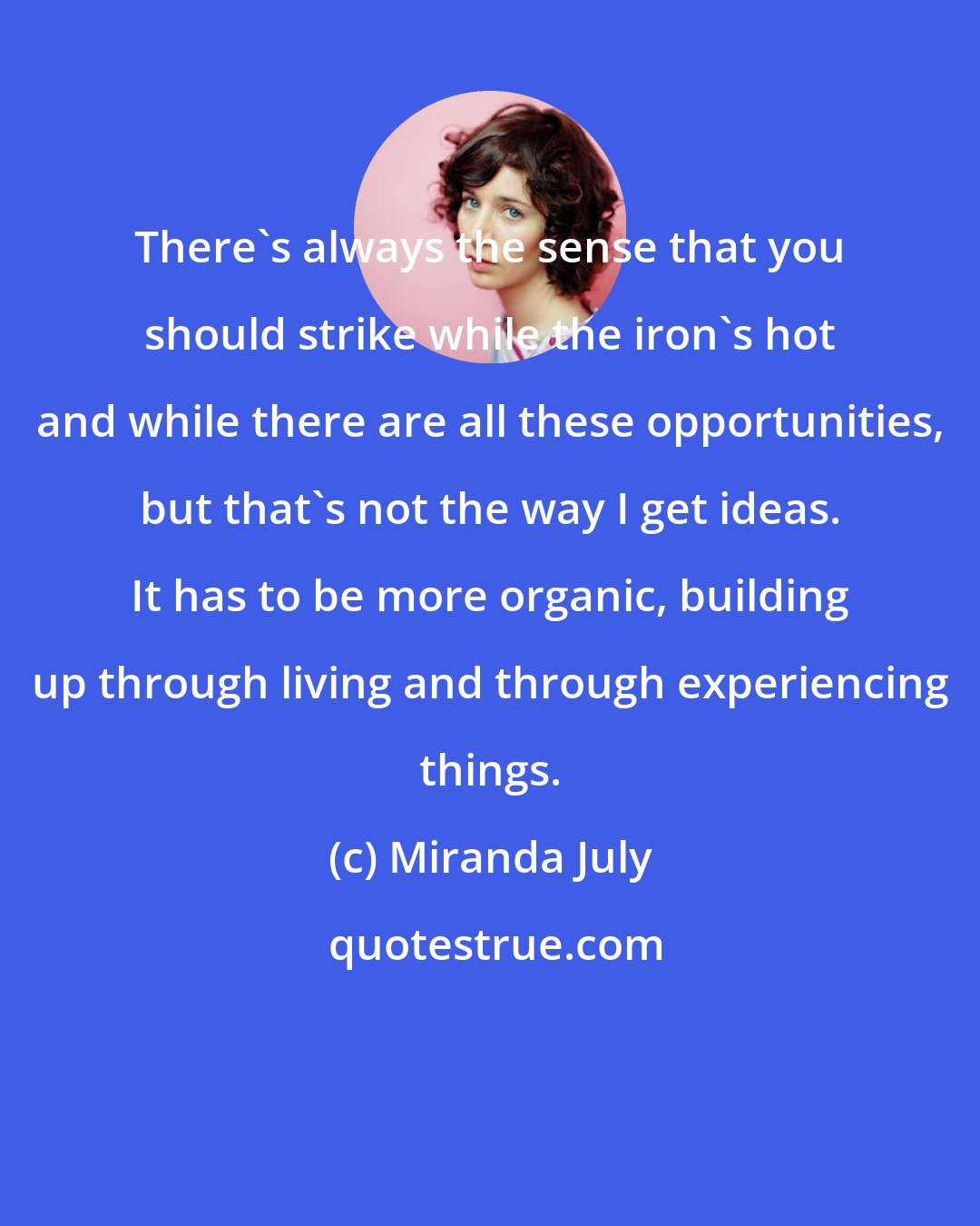 Miranda July: There's always the sense that you should strike while the iron's hot and while there are all these opportunities, but that's not the way I get ideas. It has to be more organic, building up through living and through experiencing things.