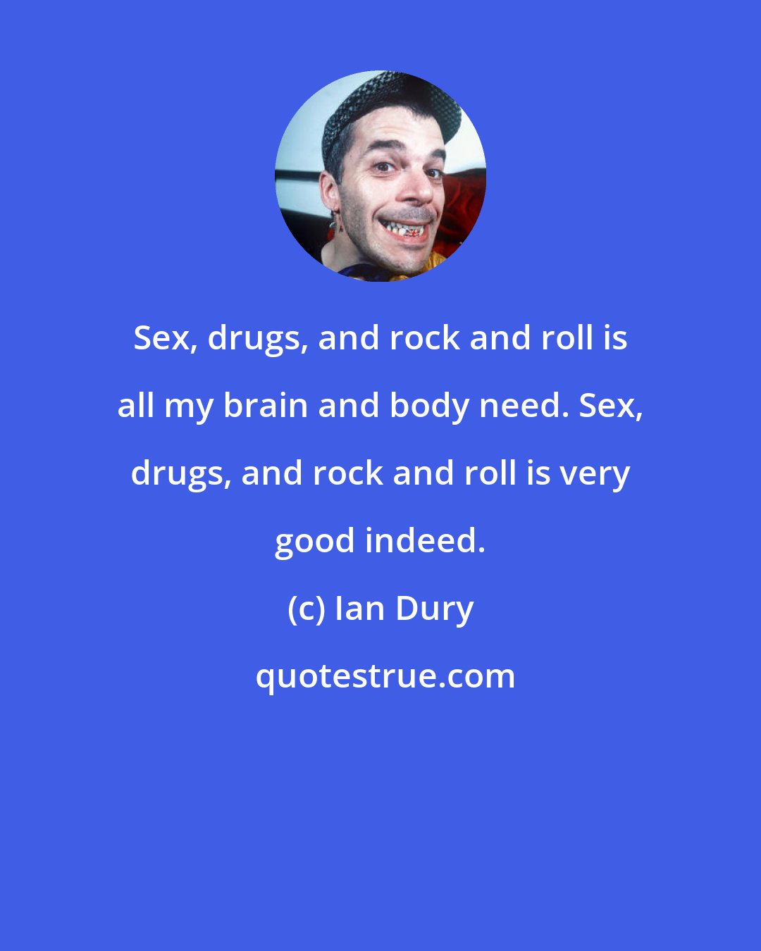 Ian Dury: Sex, drugs, and rock and roll is all my brain and body need. Sex, drugs, and rock and roll is very good indeed.