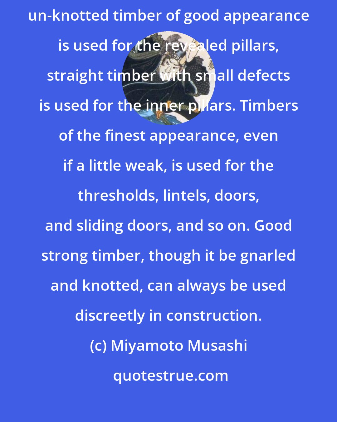 Miyamoto Musashi: In the construction of houses, choice of woods is made. Straight un-knotted timber of good appearance is used for the revealed pillars, straight timber with small defects is used for the inner pillars. Timbers of the finest appearance, even if a little weak, is used for the thresholds, lintels, doors, and sliding doors, and so on. Good strong timber, though it be gnarled and knotted, can always be used discreetly in construction.