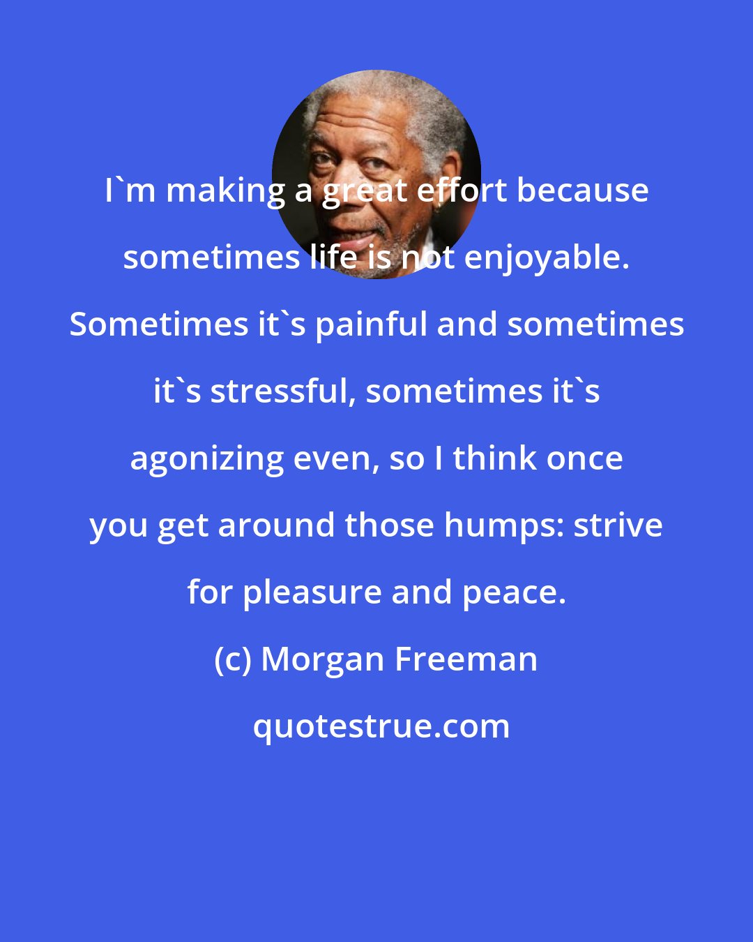 Morgan Freeman: I'm making a great effort because sometimes life is not enjoyable. Sometimes it's painful and sometimes it's stressful, sometimes it's agonizing even, so I think once you get around those humps: strive for pleasure and peace.