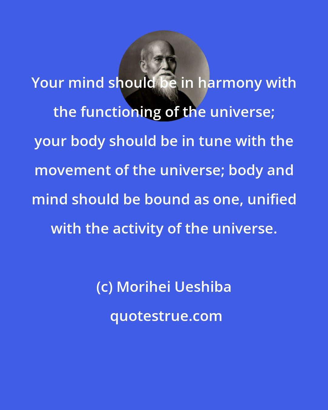 Morihei Ueshiba: Your mind should be in harmony with the functioning of the universe; your body should be in tune with the movement of the universe; body and mind should be bound as one, unified with the activity of the universe.