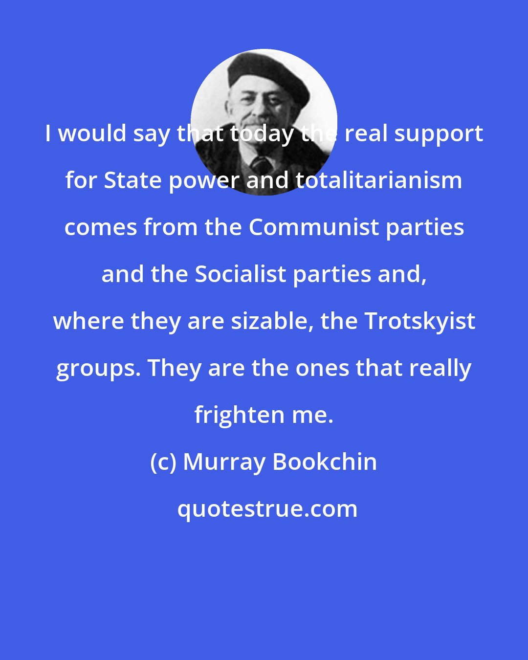 Murray Bookchin: I would say that today the real support for State power and totalitarianism comes from the Communist parties and the Socialist parties and, where they are sizable, the Trotskyist groups. They are the ones that really frighten me.