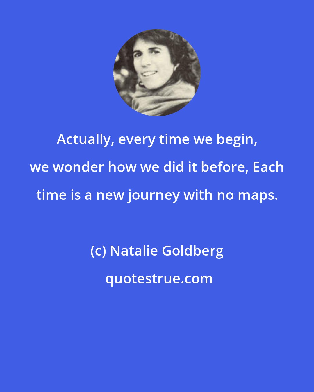 Natalie Goldberg: Actually, every time we begin, we wonder how we did it before, Each time is a new journey with no maps.