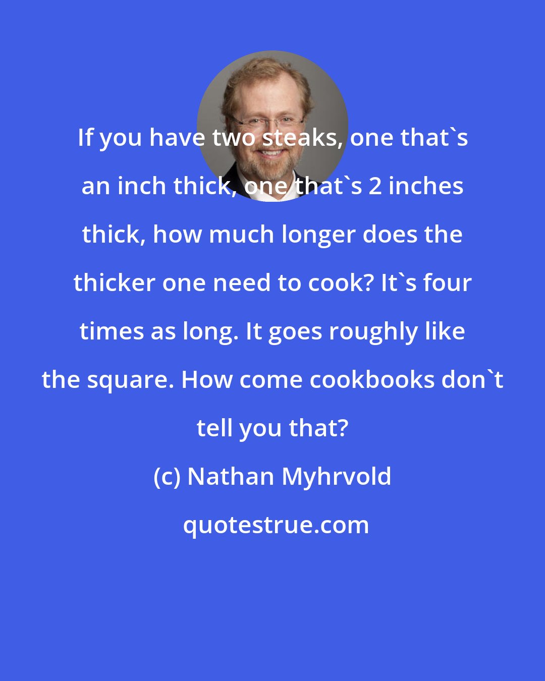 Nathan Myhrvold: If you have two steaks, one that's an inch thick, one that's 2 inches thick, how much longer does the thicker one need to cook? It's four times as long. It goes roughly like the square. How come cookbooks don't tell you that?