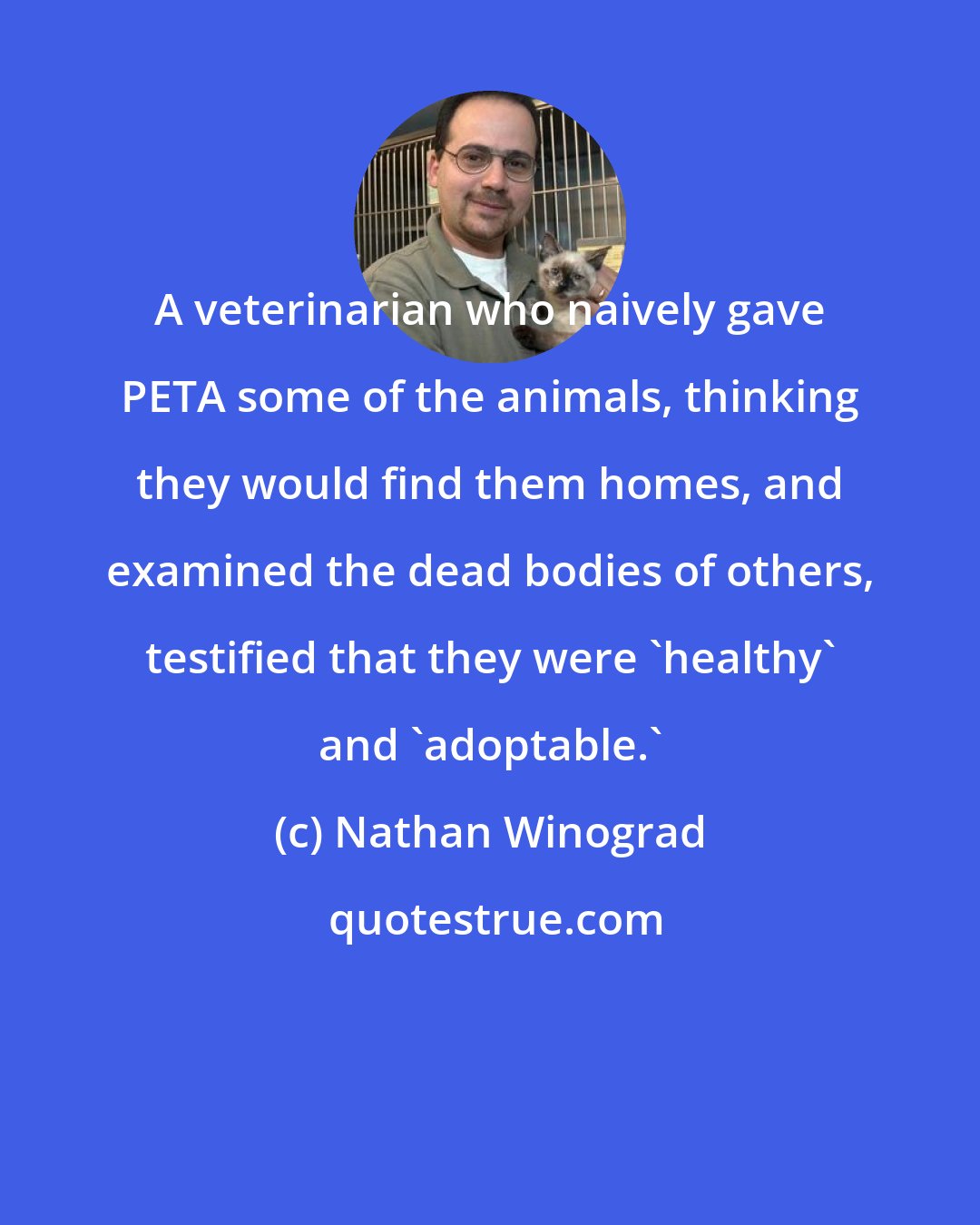 Nathan Winograd: A veterinarian who naively gave PETA some of the animals, thinking they would find them homes, and examined the dead bodies of others, testified that they were 'healthy' and 'adoptable.'