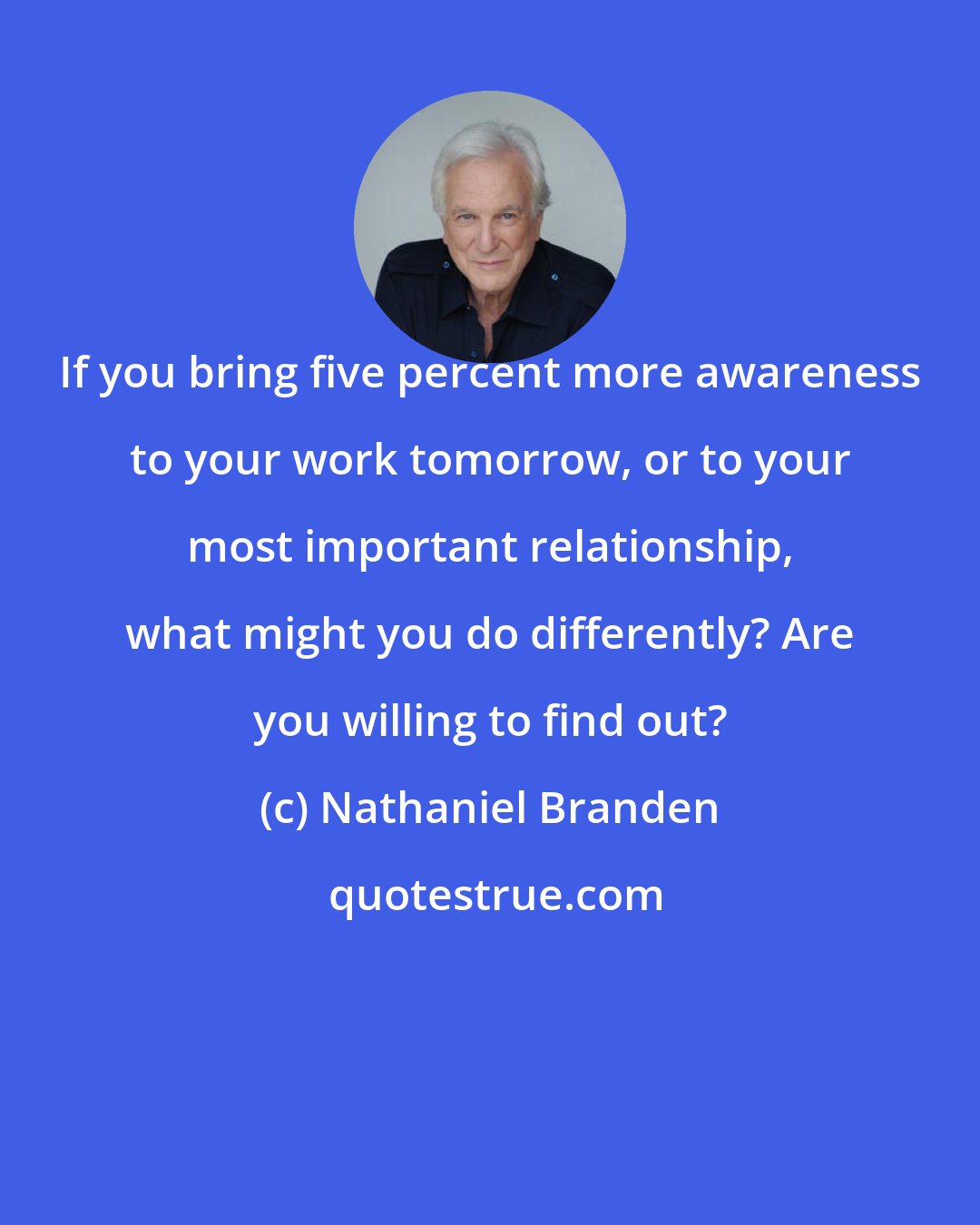 Nathaniel Branden: If you bring five percent more awareness to your work tomorrow, or to your most important relationship, what might you do differently? Are you willing to find out?