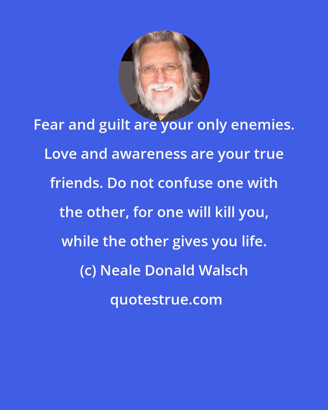 Neale Donald Walsch: Fear and guilt are your only enemies. Love and awareness are your true friends. Do not confuse one with the other, for one will kill you, while the other gives you life.