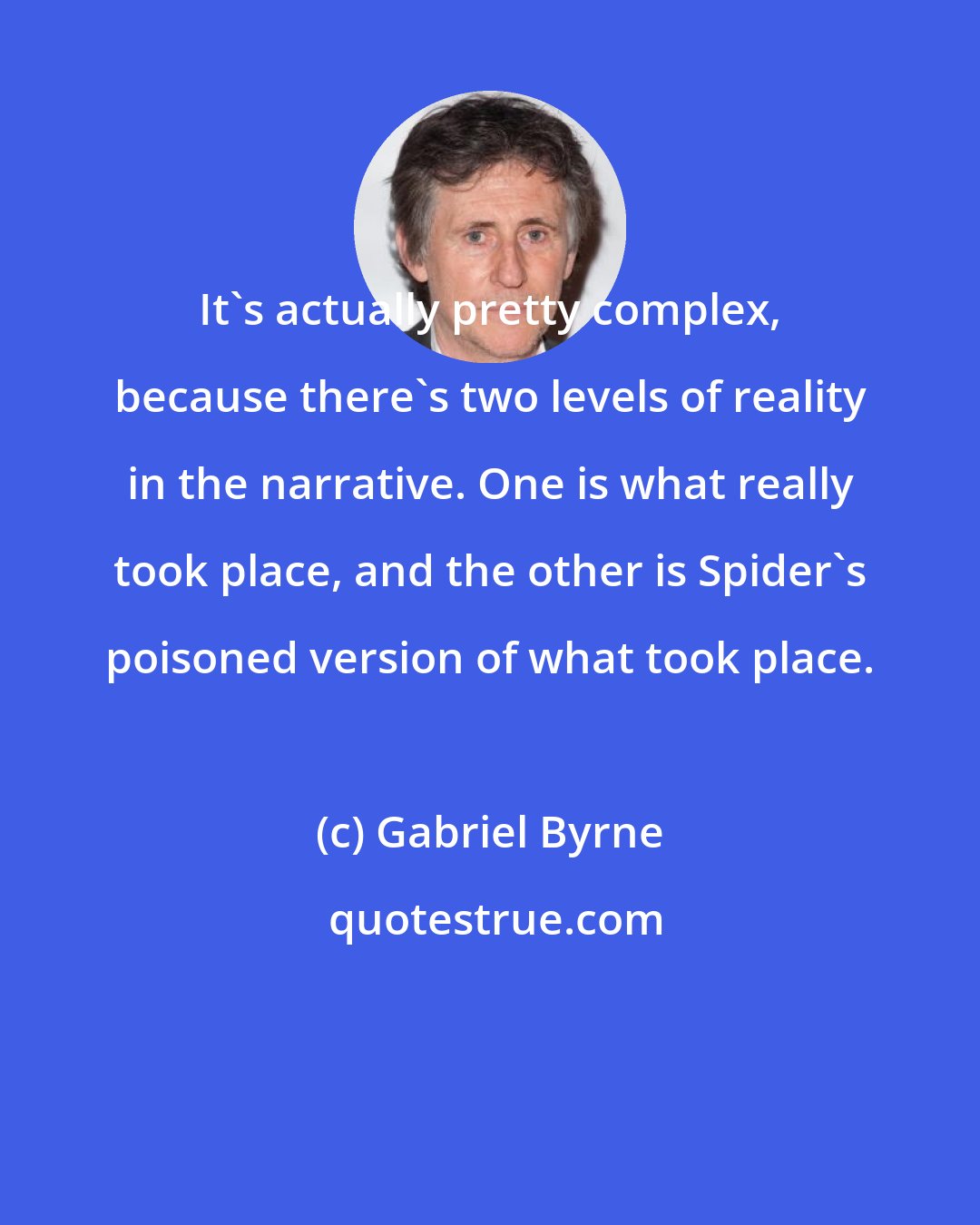 Gabriel Byrne: It's actually pretty complex, because there's two levels of reality in the narrative. One is what really took place, and the other is Spider's poisoned version of what took place.