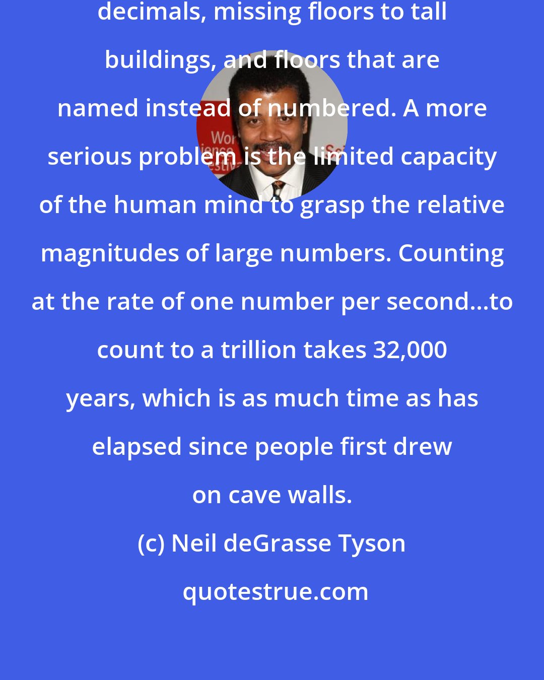 Neil deGrasse Tyson: I suppose I can live with missing decimals, missing floors to tall buildings, and floors that are named instead of numbered. A more serious problem is the limited capacity of the human mind to grasp the relative magnitudes of large numbers. Counting at the rate of one number per second...to count to a trillion takes 32,000 years, which is as much time as has elapsed since people first drew on cave walls.