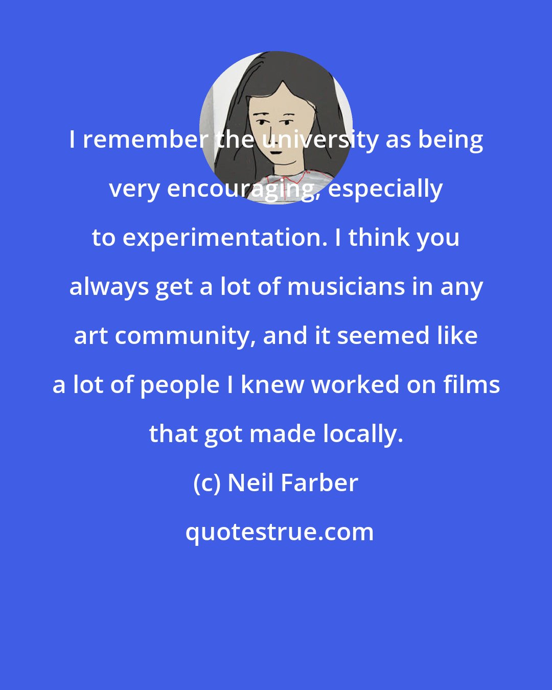 Neil Farber: I remember the university as being very encouraging, especially to experimentation. I think you always get a lot of musicians in any art community, and it seemed like a lot of people I knew worked on films that got made locally.