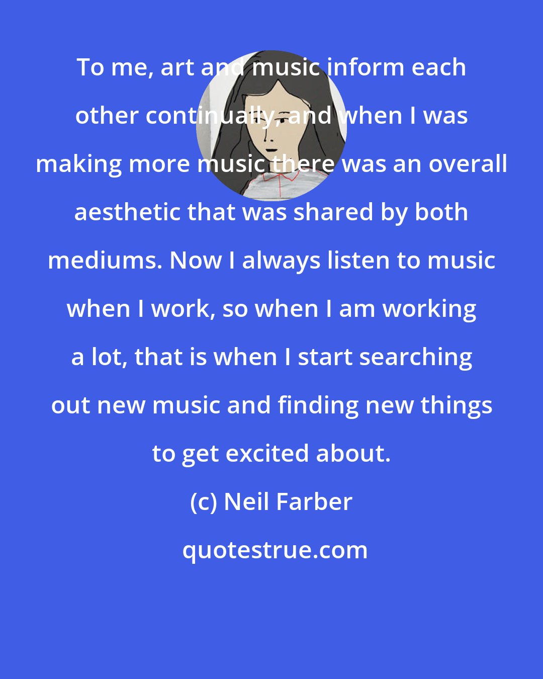 Neil Farber: To me, art and music inform each other continually, and when I was making more music there was an overall aesthetic that was shared by both mediums. Now I always listen to music when I work, so when I am working a lot, that is when I start searching out new music and finding new things to get excited about.