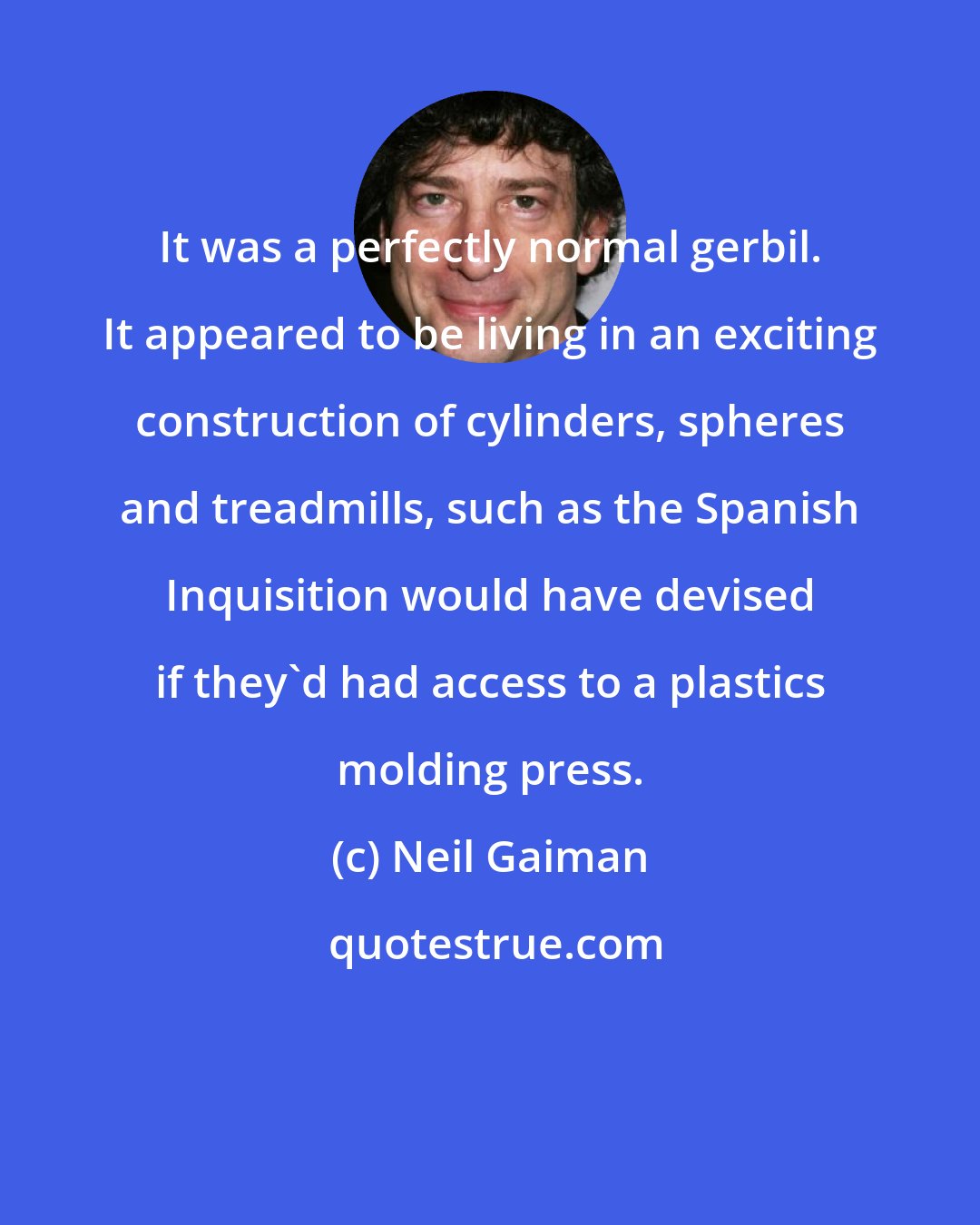 Neil Gaiman: It was a perfectly normal gerbil. It appeared to be living in an exciting construction of cylinders, spheres and treadmills, such as the Spanish Inquisition would have devised if they'd had access to a plastics molding press.