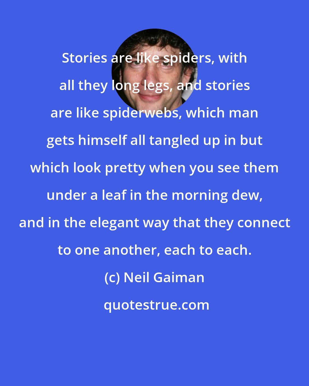 Neil Gaiman: Stories are like spiders, with all they long legs, and stories are like spiderwebs, which man gets himself all tangled up in but which look pretty when you see them under a leaf in the morning dew, and in the elegant way that they connect to one another, each to each.