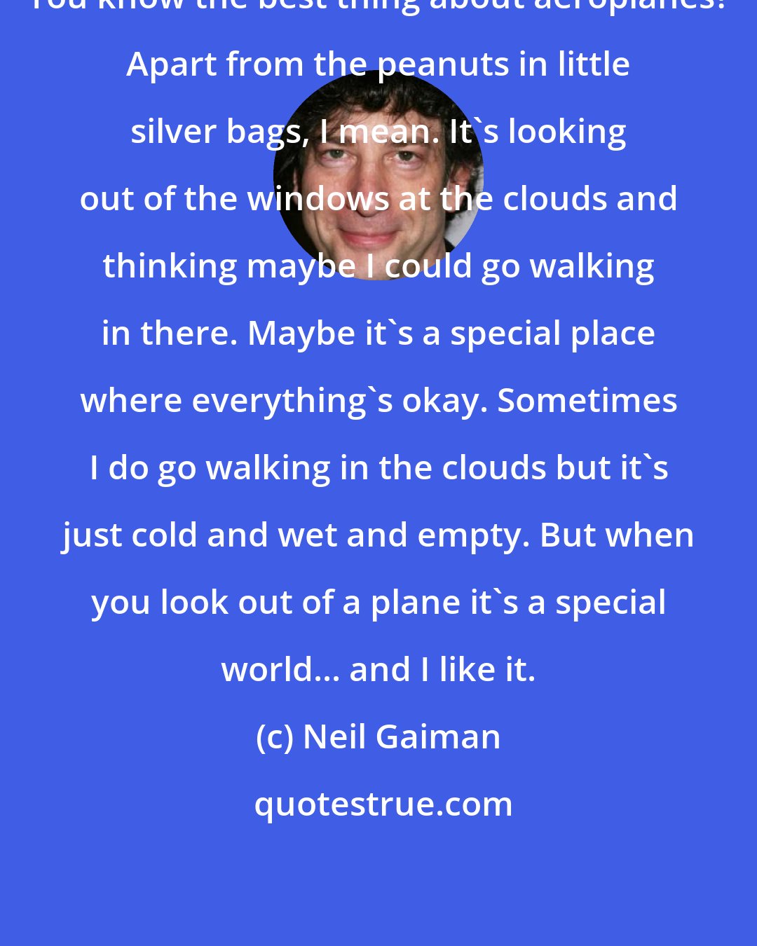 Neil Gaiman: You know the best thing about aeroplanes? Apart from the peanuts in little silver bags, I mean. It's looking out of the windows at the clouds and thinking maybe I could go walking in there. Maybe it's a special place where everything's okay. Sometimes I do go walking in the clouds but it's just cold and wet and empty. But when you look out of a plane it's a special world... and I like it.