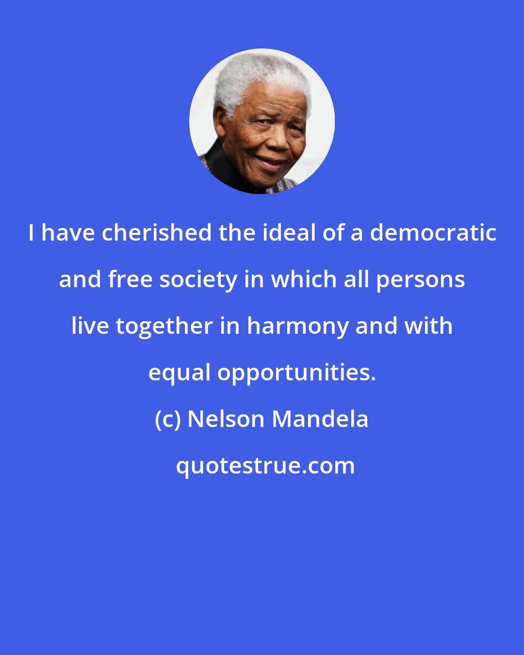 Nelson Mandela: I have cherished the ideal of a democratic and free society in which all persons live together in harmony and with equal opportunities.