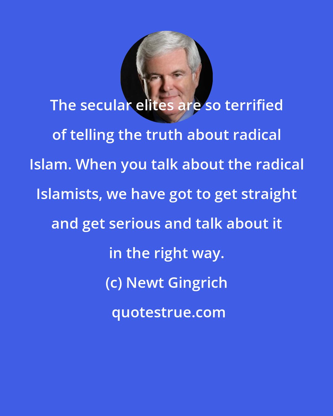 Newt Gingrich: The secular elites are so terrified of telling the truth about radical Islam. When you talk about the radical Islamists, we have got to get straight and get serious and talk about it in the right way.