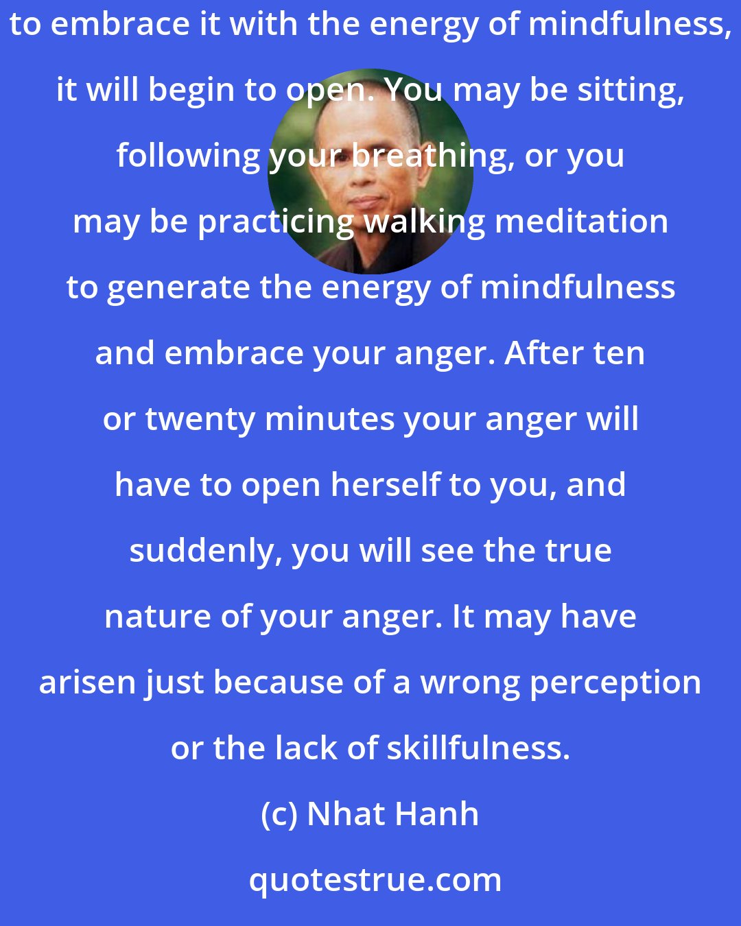 Nhat Hanh: Your anger is like a flower. In the beginning you may not understand the nature of your anger, or why it has come up. But if you know how to embrace it with the energy of mindfulness, it will begin to open. You may be sitting, following your breathing, or you may be practicing walking meditation to generate the energy of mindfulness and embrace your anger. After ten or twenty minutes your anger will have to open herself to you, and suddenly, you will see the true nature of your anger. It may have arisen just because of a wrong perception or the lack of skillfulness.