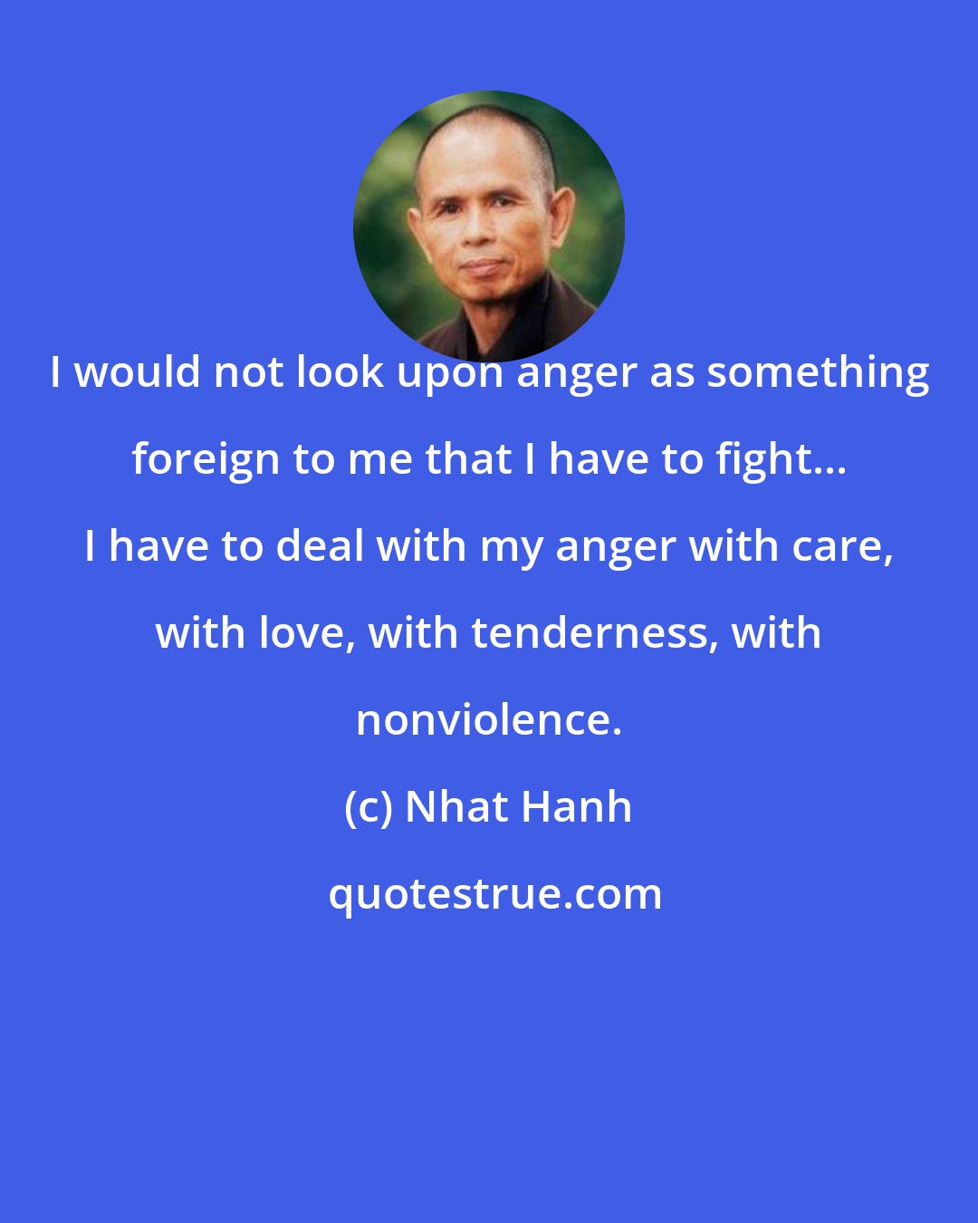 Nhat Hanh: I would not look upon anger as something foreign to me that I have to fight... I have to deal with my anger with care, with love, with tenderness, with nonviolence.