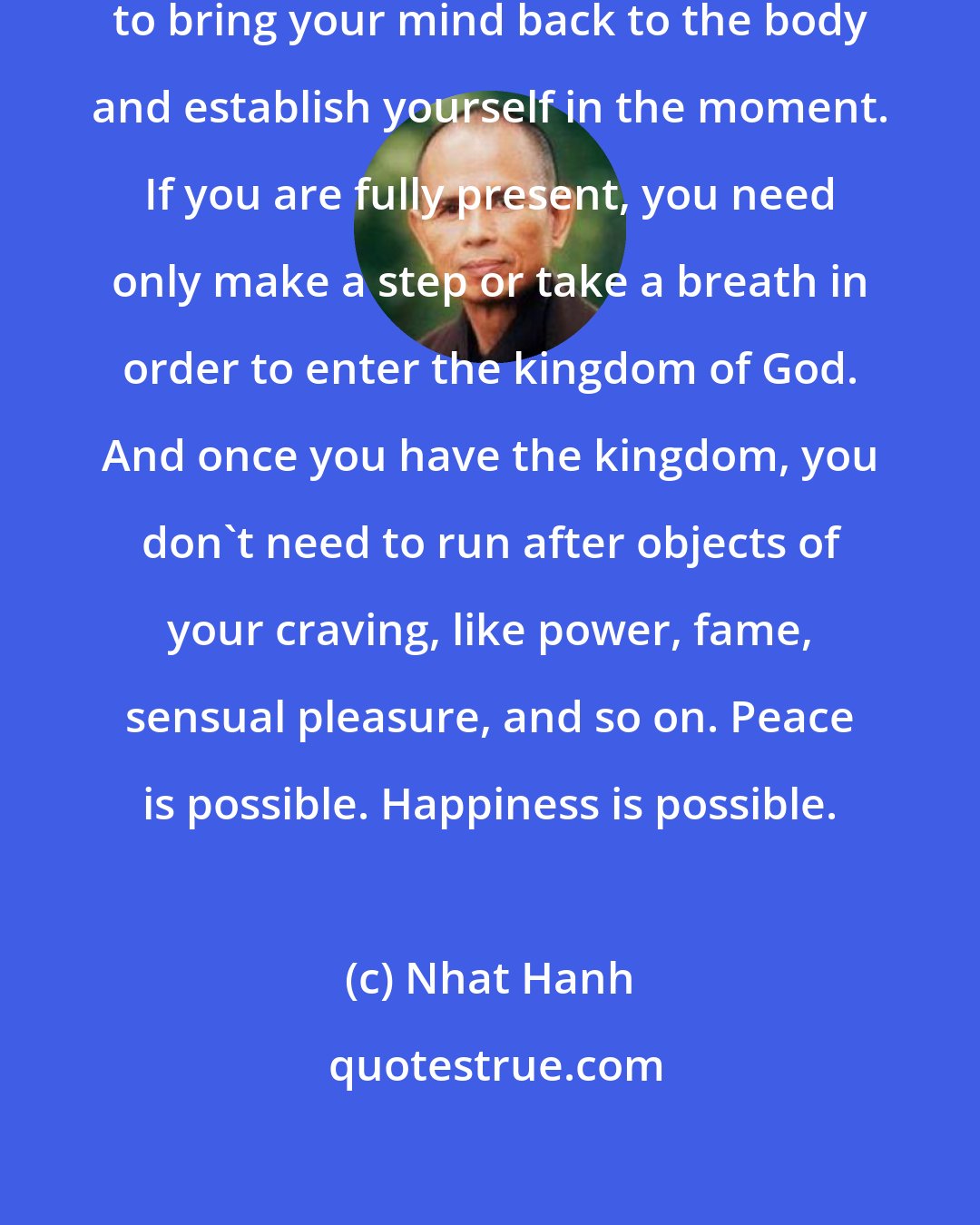 Nhat Hanh: You need the practice of mindfulness to bring your mind back to the body and establish yourself in the moment. If you are fully present, you need only make a step or take a breath in order to enter the kingdom of God. And once you have the kingdom, you don't need to run after objects of your craving, like power, fame, sensual pleasure, and so on. Peace is possible. Happiness is possible.