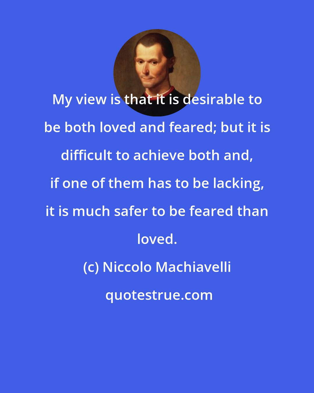 Niccolo Machiavelli: My view is that it is desirable to be both loved and feared; but it is difficult to achieve both and, if one of them has to be lacking, it is much safer to be feared than loved.