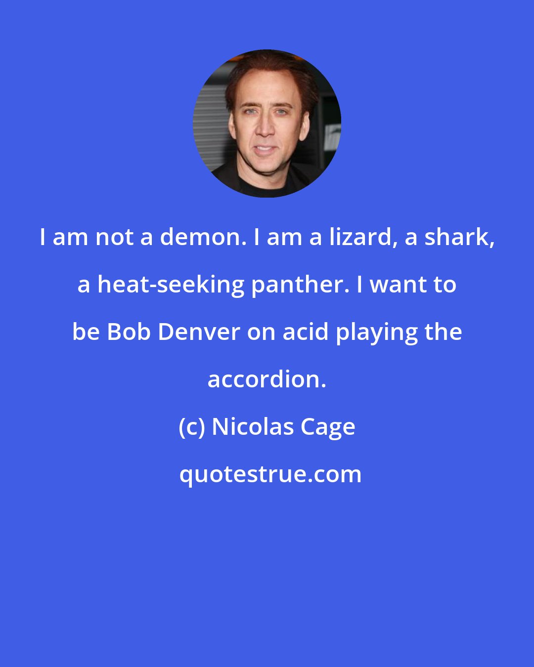 Nicolas Cage: I am not a demon. I am a lizard, a shark, a heat-seeking panther. I want to be Bob Denver on acid playing the accordion.