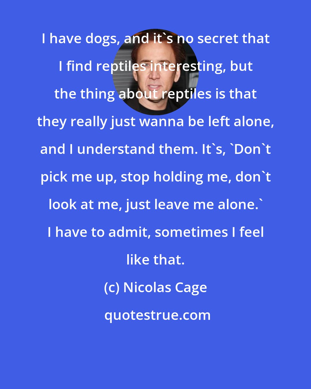 Nicolas Cage: I have dogs, and it's no secret that I find reptiles interesting, but the thing about reptiles is that they really just wanna be left alone, and I understand them. It's, 'Don't pick me up, stop holding me, don't look at me, just leave me alone.' I have to admit, sometimes I feel like that.