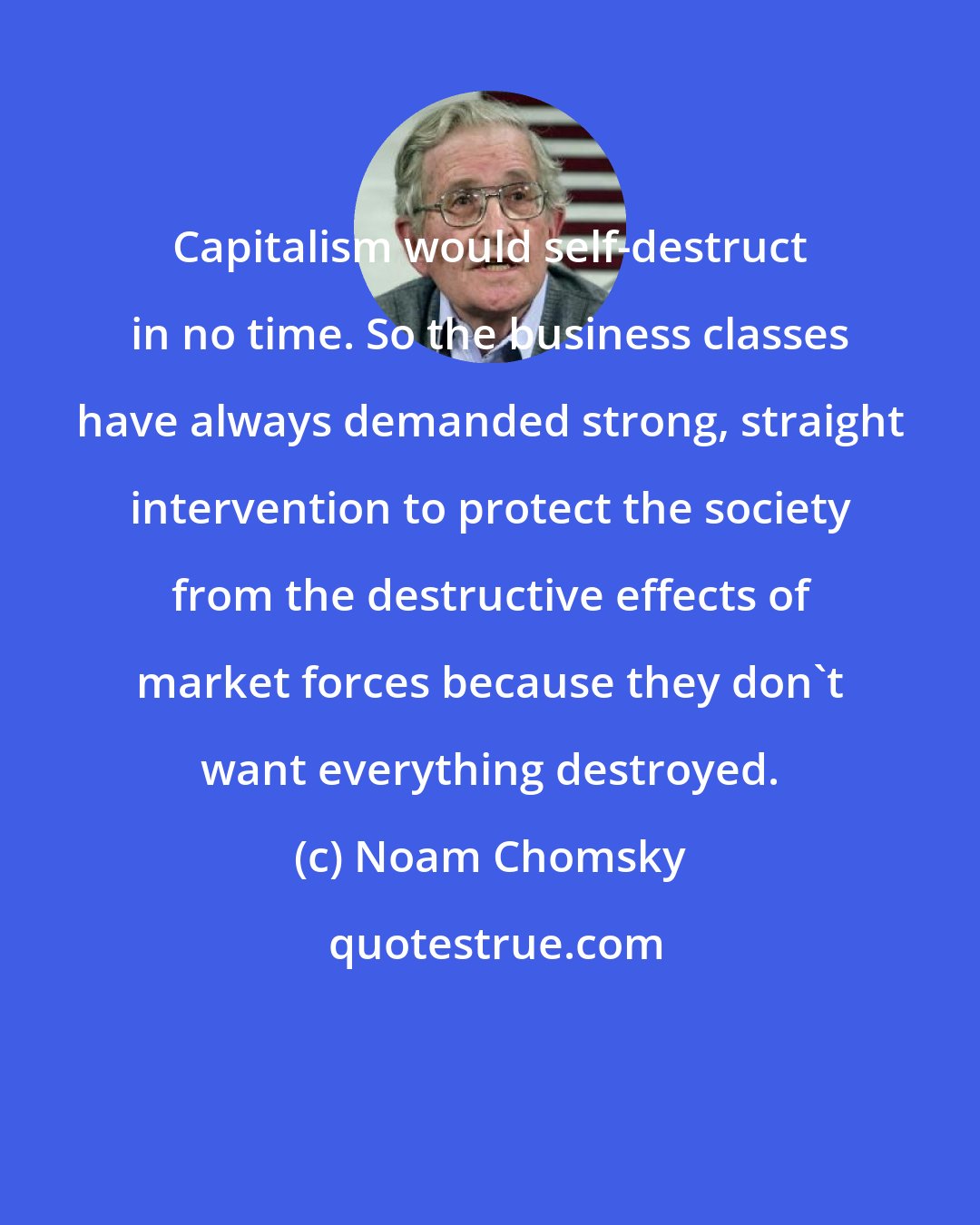 Noam Chomsky: Capitalism would self-destruct in no time. So the business classes have always demanded strong, straight intervention to protect the society from the destructive effects of market forces because they don't want everything destroyed.
