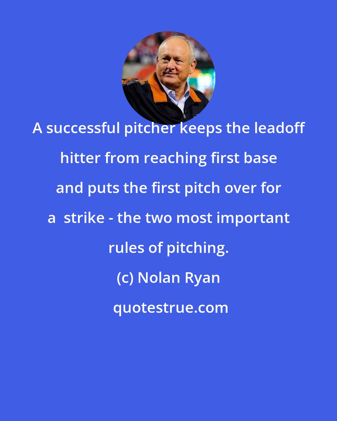 Nolan Ryan: A successful pitcher keeps the leadoff hitter from reaching first base and puts the first pitch over for a  strike - the two most important rules of pitching.