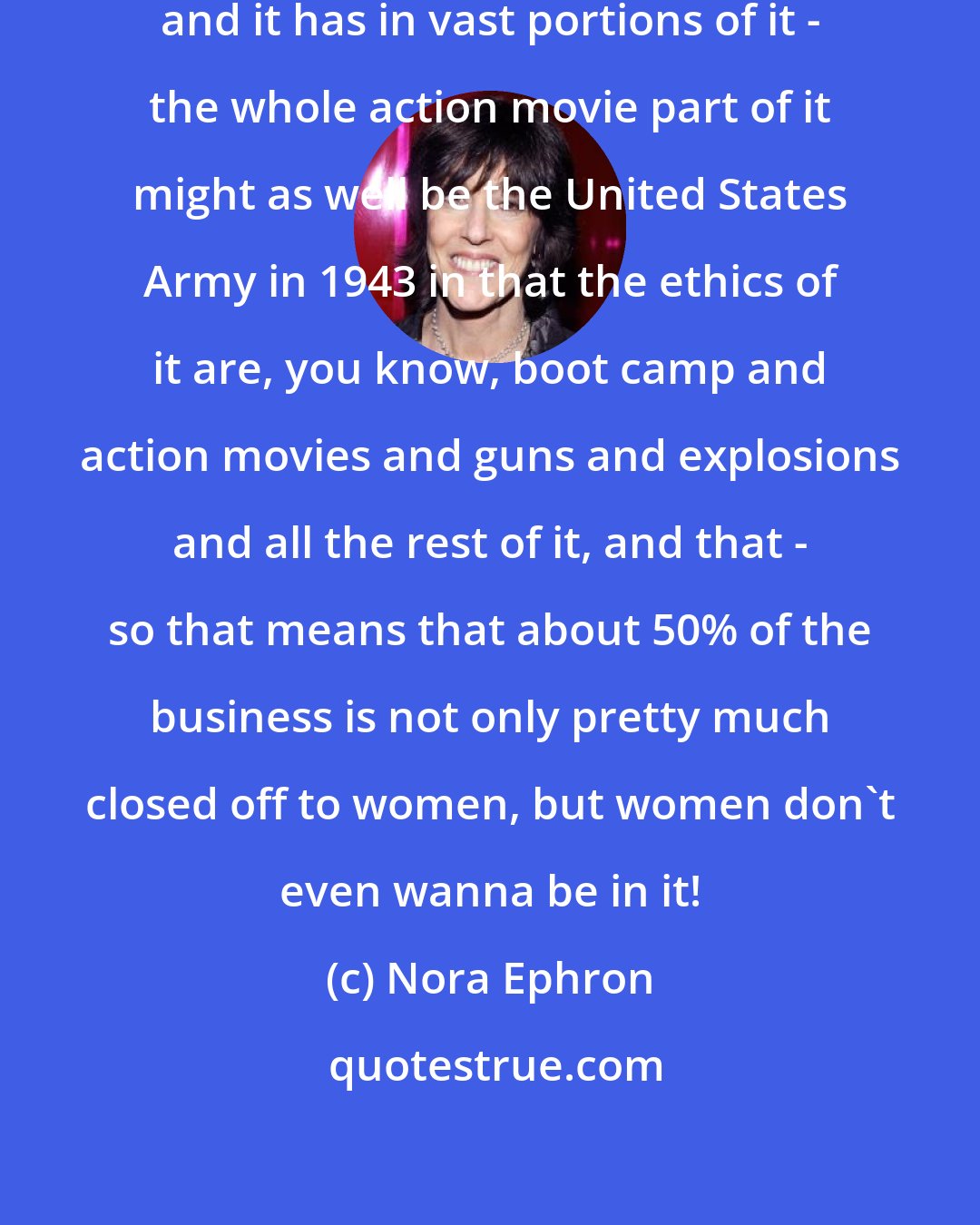 Nora Ephron: Hollywood is a very male business, and it has in vast portions of it - the whole action movie part of it might as well be the United States Army in 1943 in that the ethics of it are, you know, boot camp and action movies and guns and explosions and all the rest of it, and that - so that means that about 50% of the business is not only pretty much closed off to women, but women don't even wanna be in it!