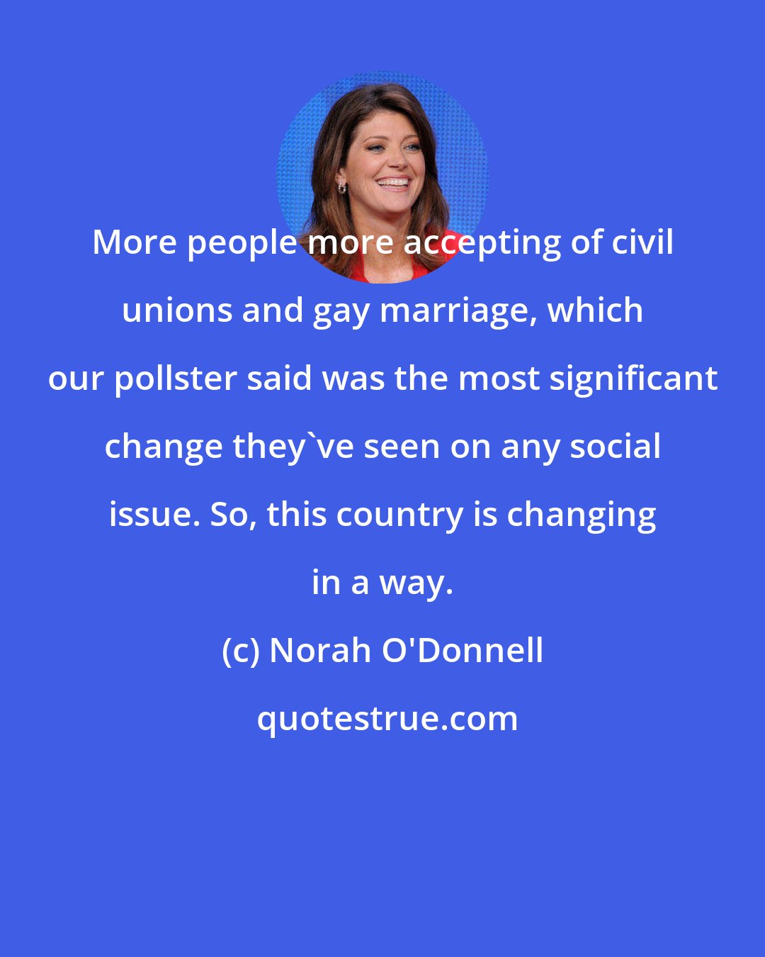 Norah O'Donnell: More people more accepting of civil unions and gay marriage, which our pollster said was the most significant change they've seen on any social issue. So, this country is changing in a way.