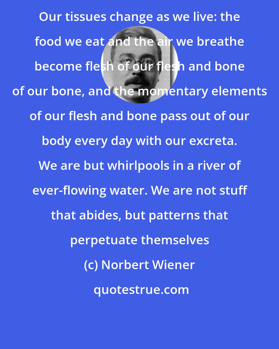 Norbert Wiener: Our tissues change as we live: the food we eat and the air we breathe become flesh of our flesh and bone of our bone, and the momentary elements of our flesh and bone pass out of our body every day with our excreta. We are but whirlpools in a river of ever-flowing water. We are not stuff that abides, but patterns that perpetuate themselves