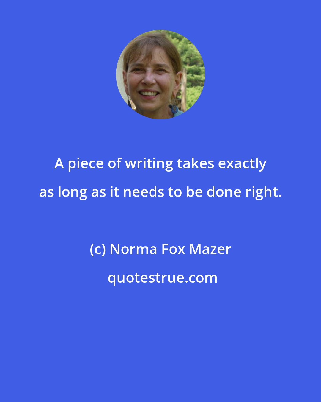 Norma Fox Mazer: A piece of writing takes exactly as long as it needs to be done right.