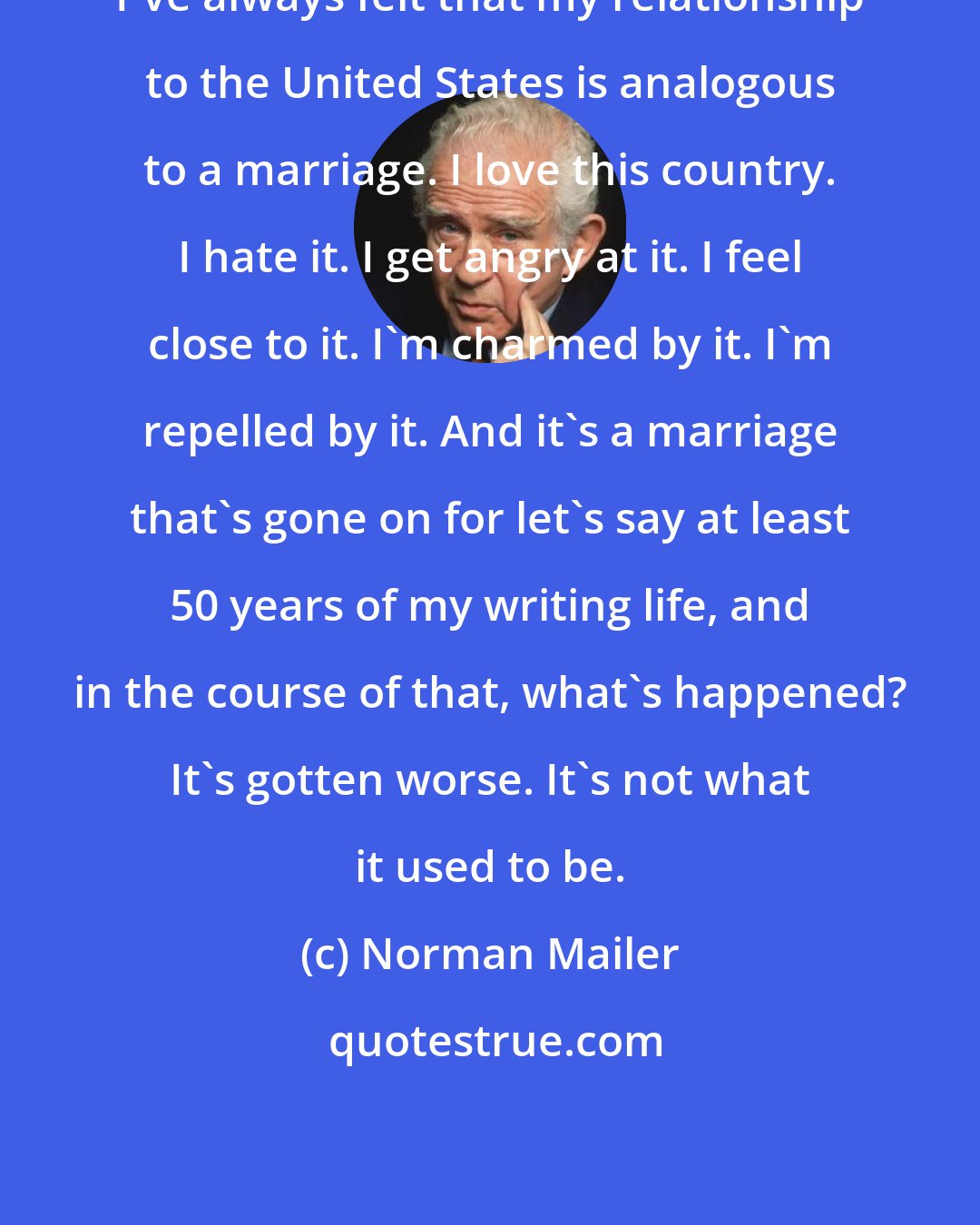 Norman Mailer: I've always felt that my relationship to the United States is analogous to a marriage. I love this country. I hate it. I get angry at it. I feel close to it. I'm charmed by it. I'm repelled by it. And it's a marriage that's gone on for let's say at least 50 years of my writing life, and in the course of that, what's happened? It's gotten worse. It's not what it used to be.