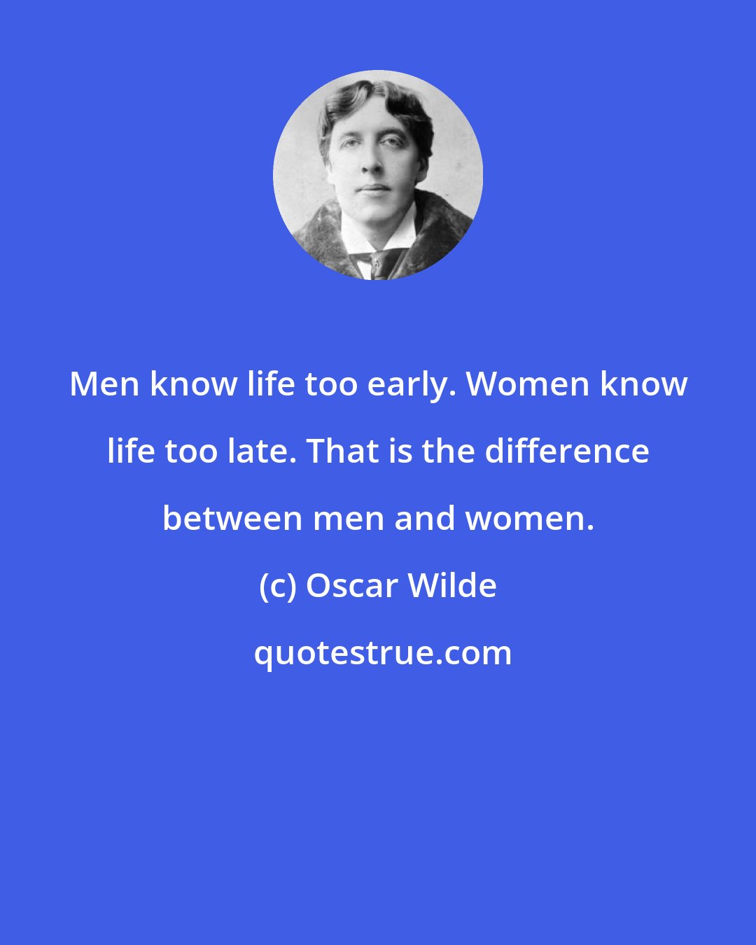 Oscar Wilde: Men know life too early. Women know life too late. That is the difference between men and women.