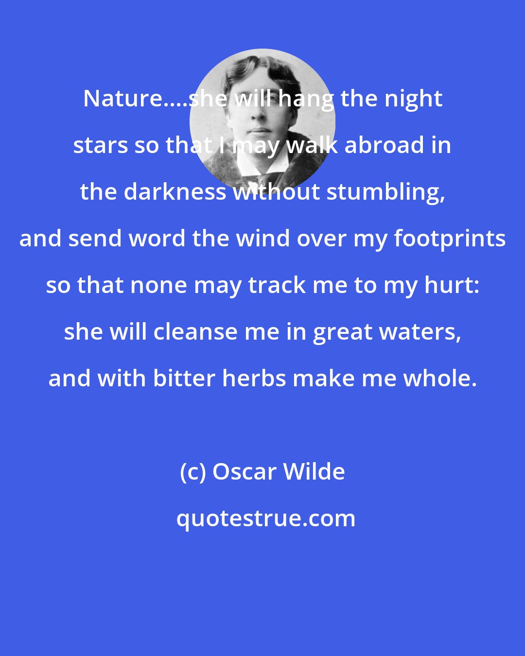 Oscar Wilde: Nature....she will hang the night stars so that I may walk abroad in the darkness without stumbling, and send word the wind over my footprints so that none may track me to my hurt: she will cleanse me in great waters, and with bitter herbs make me whole.