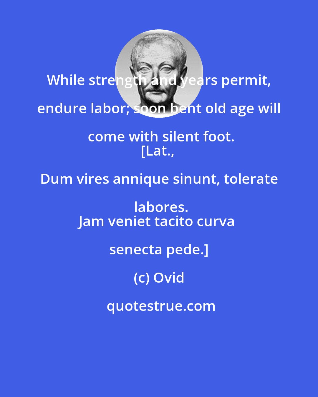 Ovid: While strength and years permit, endure labor; soon bent old age will come with silent foot.
[Lat., Dum vires annique sinunt, tolerate labores.
Jam veniet tacito curva senecta pede.]