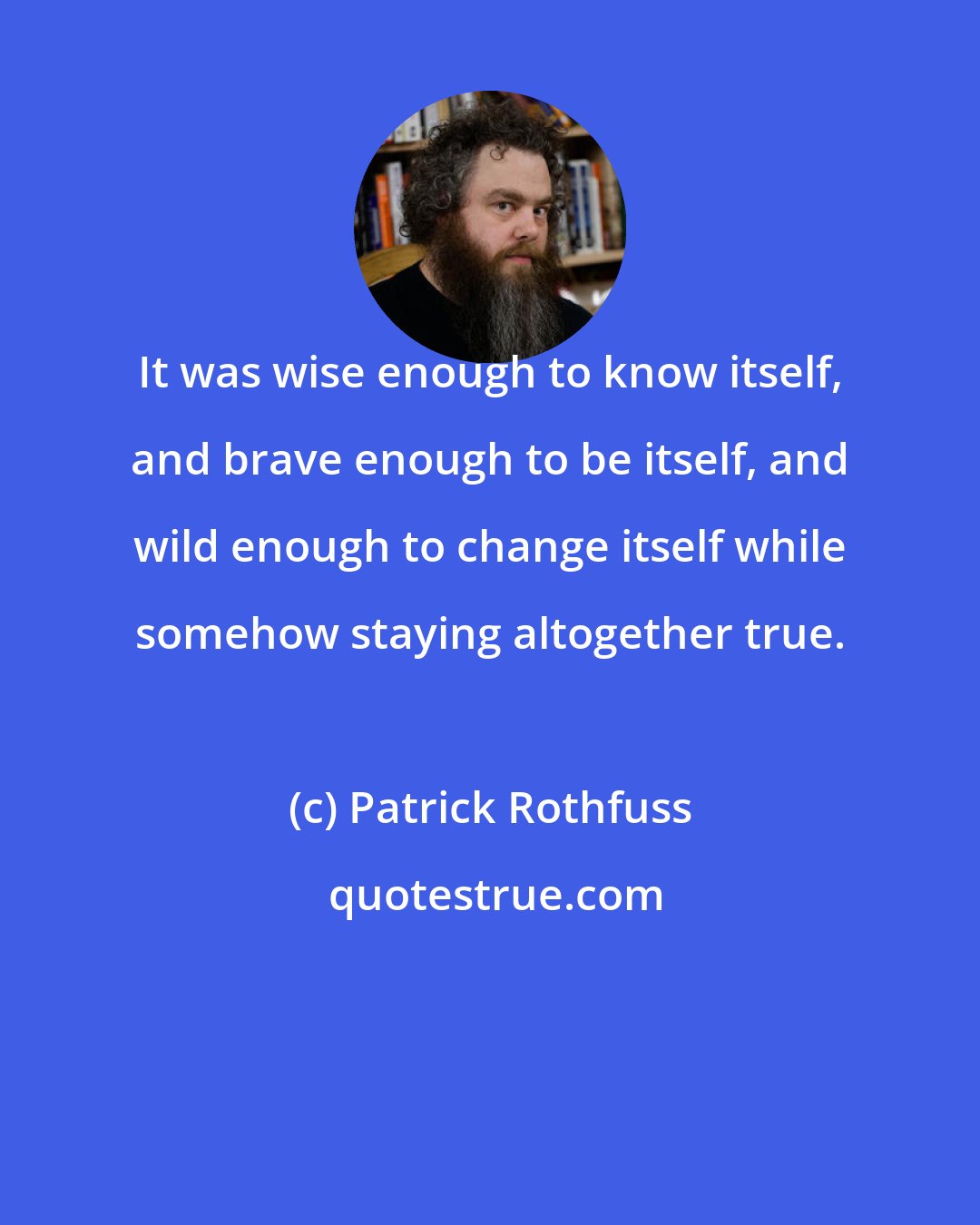 Patrick Rothfuss: It was wise enough to know itself, and brave enough to be itself, and wild enough to change itself while somehow staying altogether true.