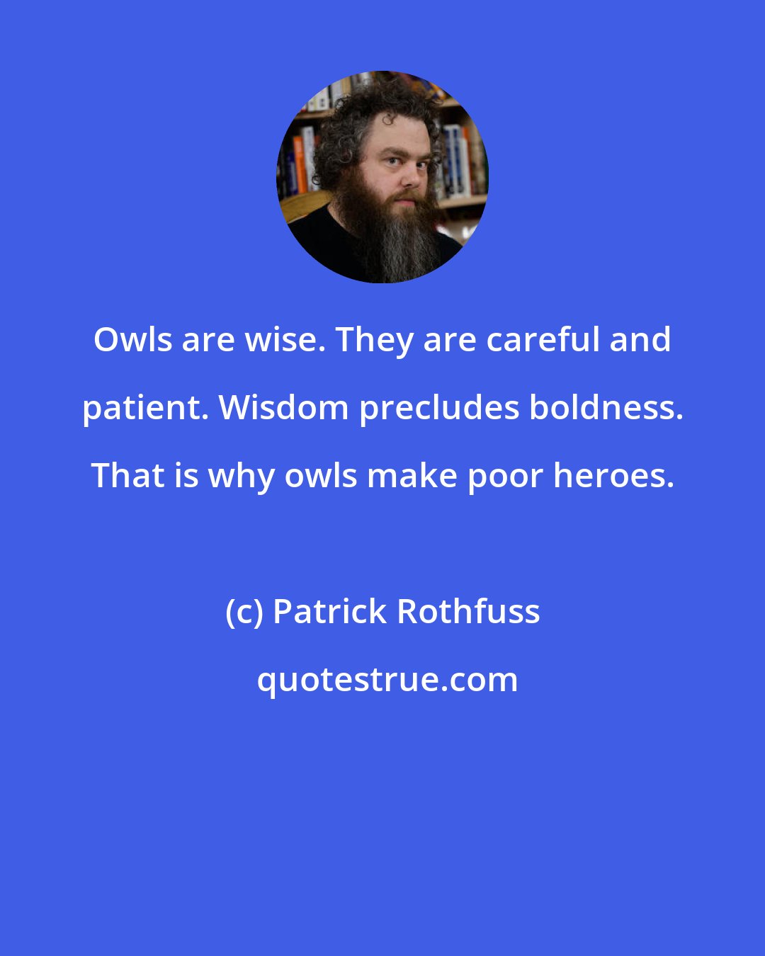 Patrick Rothfuss: Owls are wise. They are careful and patient. Wisdom precludes boldness. That is why owls make poor heroes.