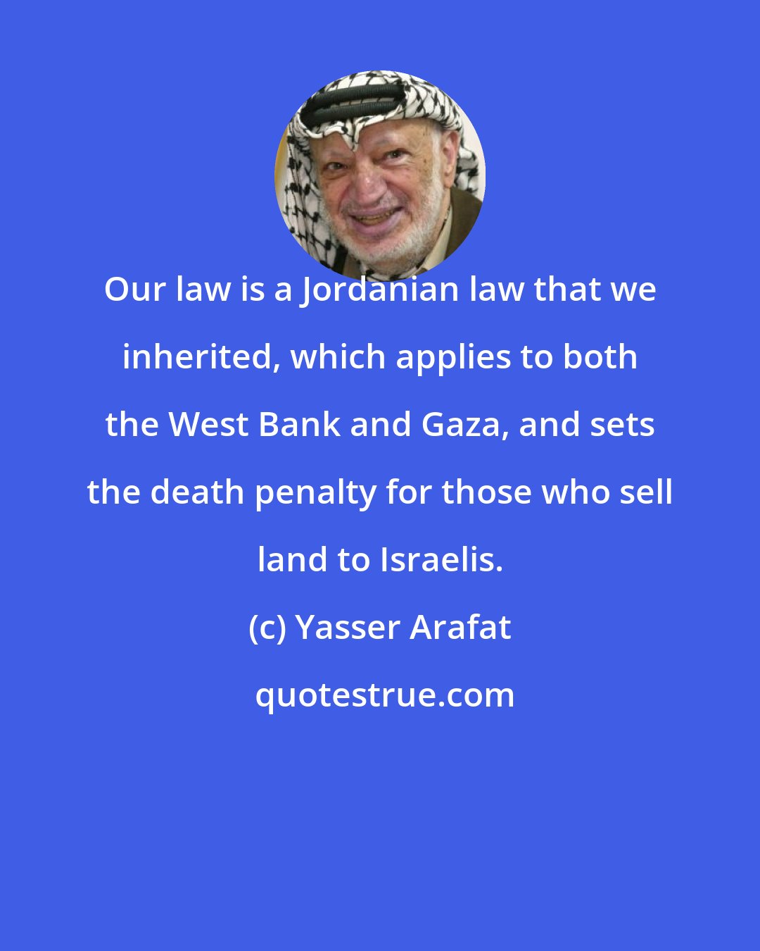 Yasser Arafat: Our law is a Jordanian law that we inherited, which applies to both the West Bank and Gaza, and sets the death penalty for those who sell land to Israelis.