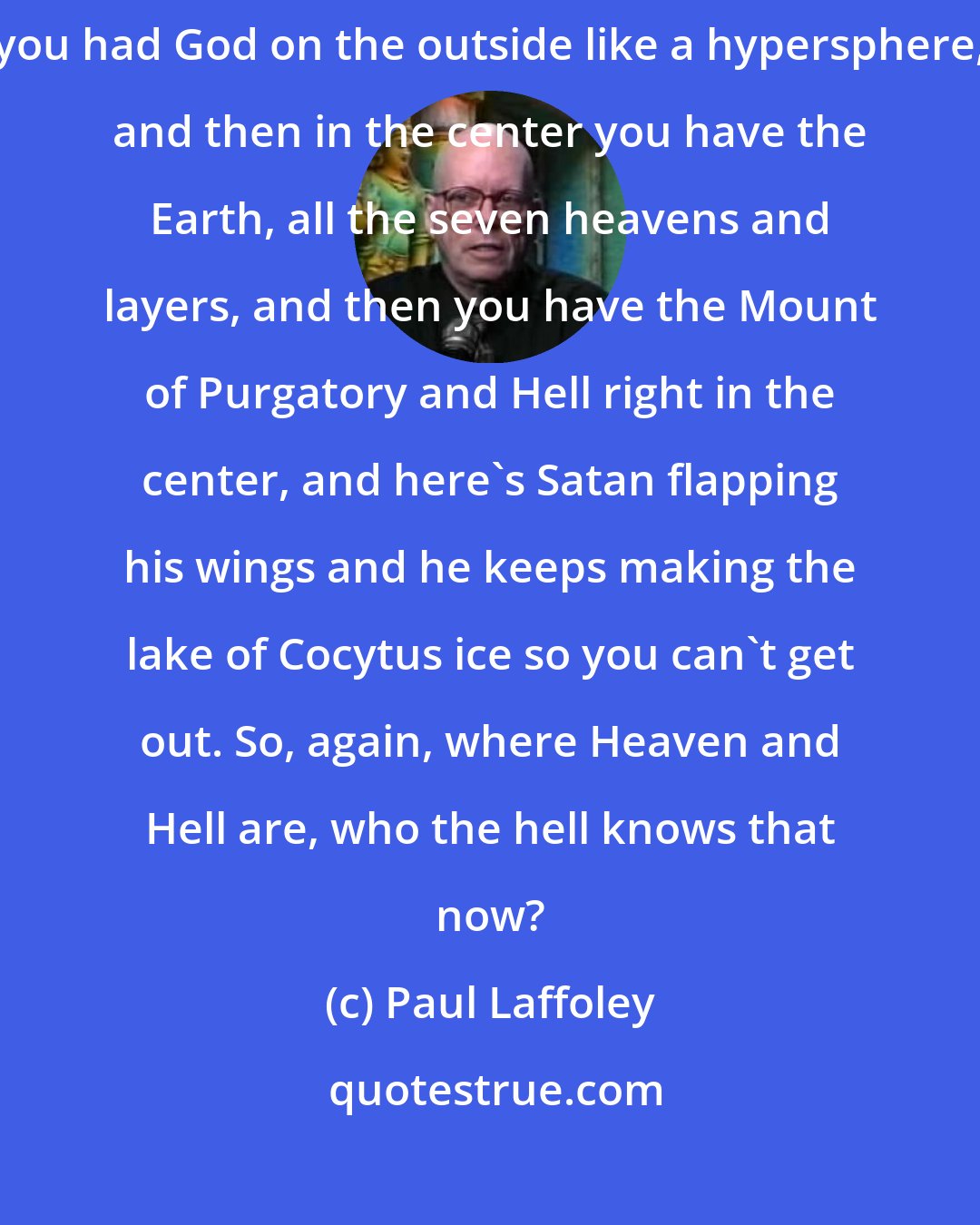 Paul Laffoley: From the time of Dante [Alighieri], when you have the Ptolemaic universe, you had God on the outside like a hypersphere, and then in the center you have the Earth, all the seven heavens and layers, and then you have the Mount of Purgatory and Hell right in the center, and here's Satan flapping his wings and he keeps making the lake of Cocytus ice so you can't get out. So, again, where Heaven and Hell are, who the hell knows that now?