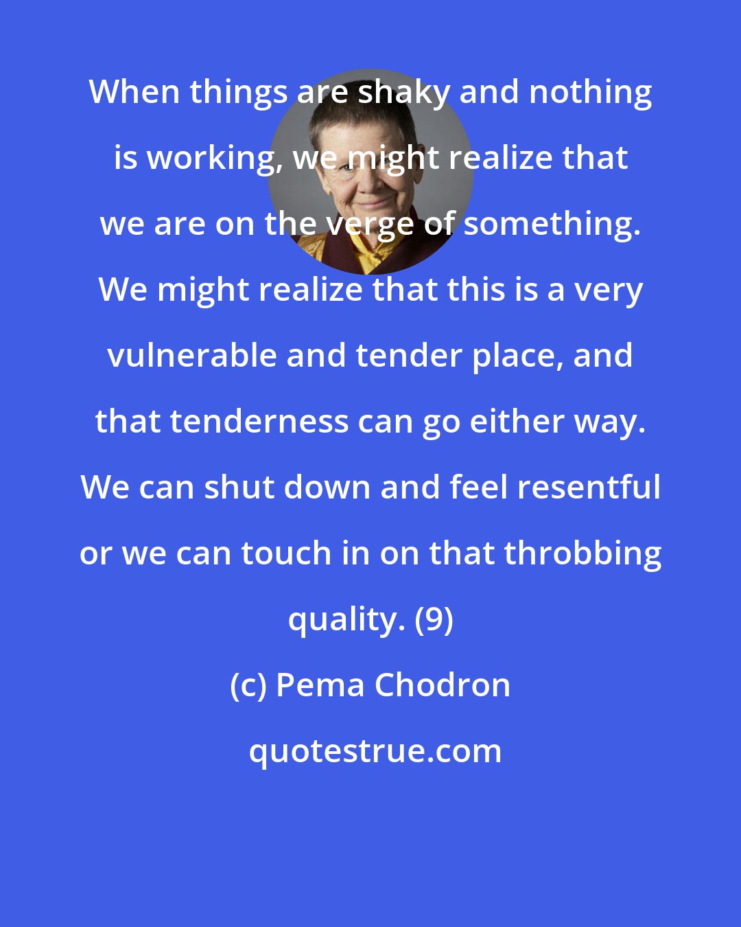Pema Chodron: When things are shaky and nothing is working, we might realize that we are on the verge of something. We might realize that this is a very vulnerable and tender place, and that tenderness can go either way. We can shut down and feel resentful or we can touch in on that throbbing quality. (9)