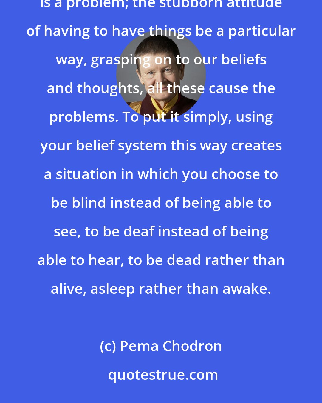 Pema Chodron: Holding on to beliefs limits our experience of life. That doesn't mean that beliefs or ideas or thinking is a problem; the stubborn attitude of having to have things be a particular way, grasping on to our beliefs and thoughts, all these cause the problems. To put it simply, using your belief system this way creates a situation in which you choose to be blind instead of being able to see, to be deaf instead of being able to hear, to be dead rather than alive, asleep rather than awake.