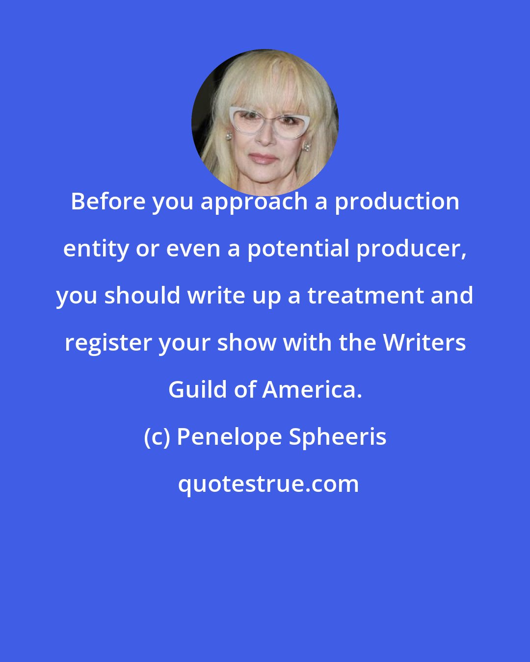 Penelope Spheeris: Before you approach a production entity or even a potential producer, you should write up a treatment and register your show with the Writers Guild of America.